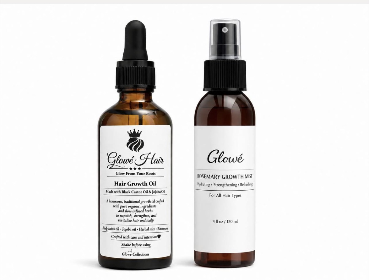 Glowe Hair Growth Oil and Rosemary Growth Mist bottles